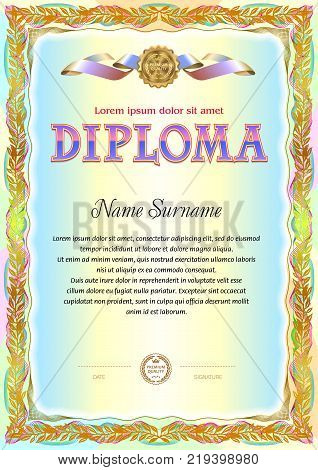 Vintage diploma blank template. Colorful design with hard floral elements around text area. It can be use for official award or honored papers