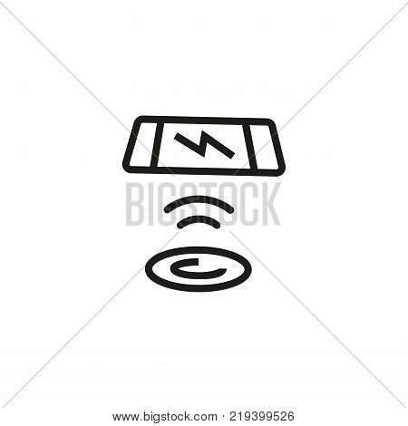 Line icon of telephone and charging pad. Wireless charger, phone battery, charging station. Wireless technology concept. Can be used for web pictograms, design and application icons