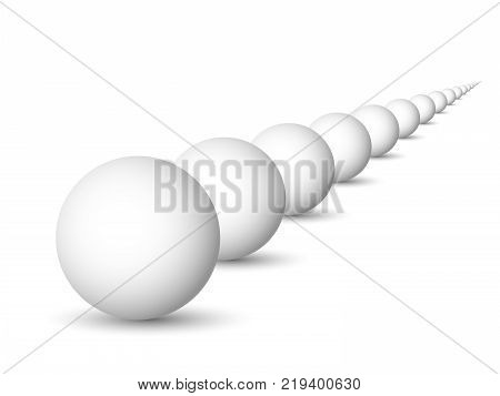 Endless row of white spheres, balls or orbs. 3D vector objects with dropped shadow on white background.