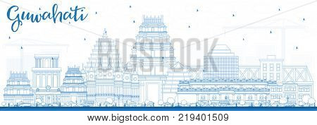 Outline Guwahati India City Skyline with Blue Buildings. Business Travel and Tourism Concept with Historic Architecture. Guwahati Cityscape with Landmarks.