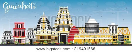 Guwahati India City Skyline with Color Buildings and Blue Sky. Business Travel and Tourism Concept with Historic Architecture. Guwahati Cityscape with Landmarks.