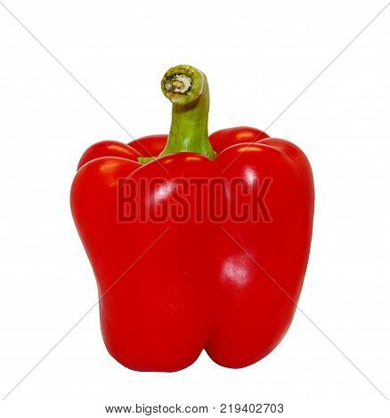 One bright red raw washed with green tail bulgarian pepper isolated on white background