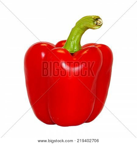 One bright red raw washed with green tail bulgarian pepper isolated on white background