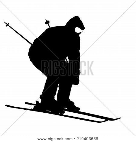Mountain skier  speeding down slope. Vector sport silhouette.