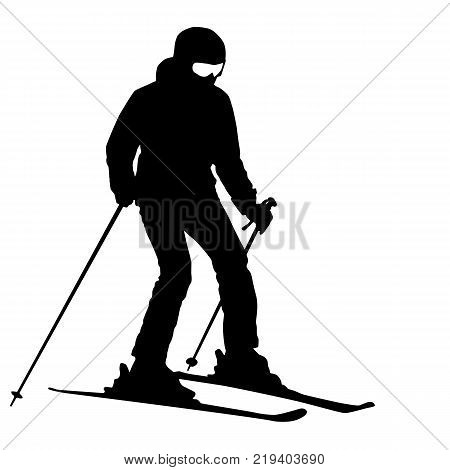 Mountain skier  speeding down slope. Vector sport silhouette.