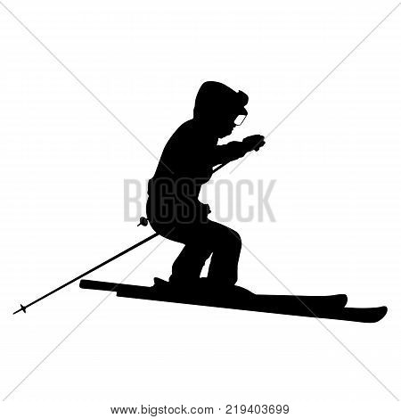 Mountain skier  speeding down slope. Vector sport silhouette.
