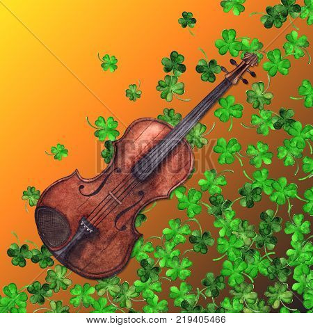 Watercolor wooden vintage violin fiddle musical instrument clover shamrock leaf plant pattern background