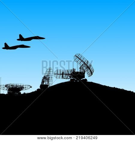The Silhouette military radar dish. Vector illustration.