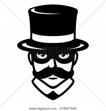 Incognito man in carnival mask. Gentleman with mustache in top hat and hidden face. Vintage logo vector illustration.