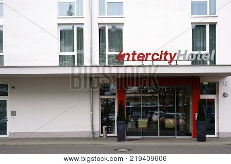 DARMSTADT, GERMANY - DECEMBER 02: The entrance of the Intercity Hotel at Darmstadt train station with a sliding glass door on December 02, 2017 in Darmstadt