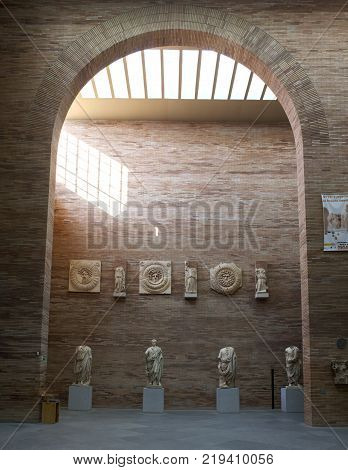 Merida Spain - December 20th 2017: National Roman Art Museum in Merida Spain designed by Rafael Moneo. Portico of the City Forum in Merina