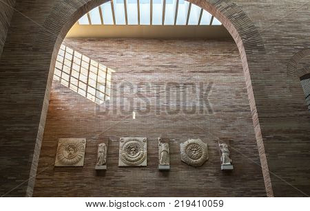 Merida Spain - December 20th 2017: National Roman Art Museum in Merida Spain designed by Rafael Moneo. Portico of the City Forum in Merina