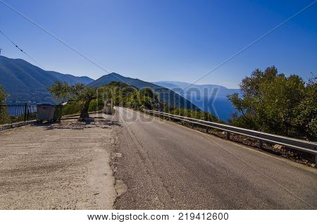 Route through the mountains of Ithaka and panoramic view of the mountains and the Ionian Sea
