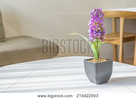 Purple Artificial Flowers in small pot on white table or Artificial Arpophyllum in small pot on white table. Light come from left side of the image.