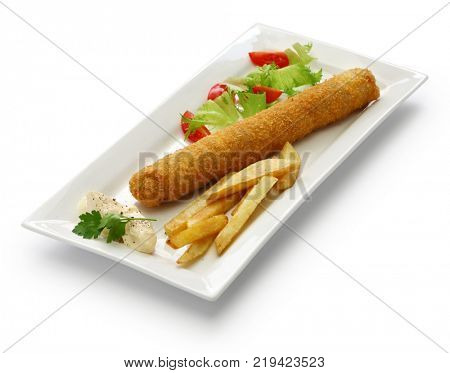flamenquin, deep fried long pork roulade, spanish cordoba cuisine isolated on white background
