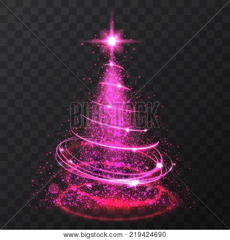 Pink glitter bokeh lights and sparkle stars christmas tree on transparent background. Isolsted light shining abstract Red christmas tree. Vector illlustration
