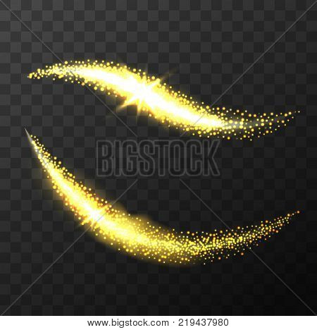 Magic vector waves with Sparkle and glitter stardust isolated on black background. Golden glittering lines with gold particles isolated on transparent background. Glitter bright trail stock vector