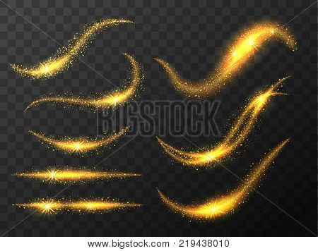 Magic vector waves with Sparkle and glitter stardust isolated on black background. Golden glittering lines with gold particles isolated on transparent background. Glitter bright trail stock vector