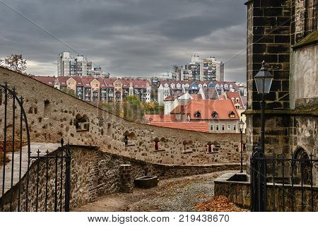Medieval defensive walls and foundations of modern residential houses in Zgorzelec in Poland