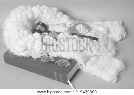 set for judge:judge wig, handcluffs,judge gavel,book end eyeglasses