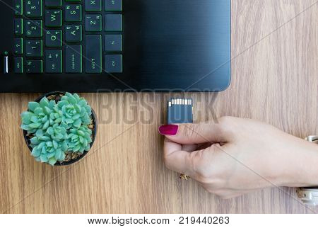 Hands Show Memory Card of Laptops user on working table desk