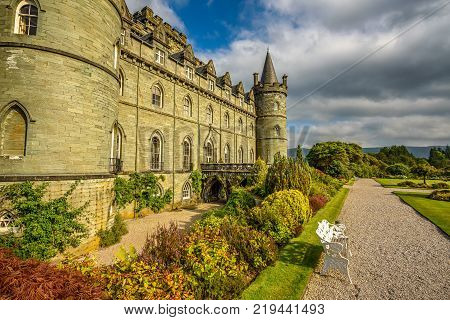 INVERARAY, SCOTLAND, UNITED KINGDOM - SEPTEMBER 8, 2015 : Inveraray Castle in western Scotland, on the shore of Loch Fyne. It has been the seat of the Duke of Argyll, chief of Clan Campbell.