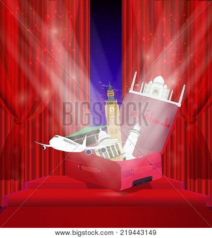 Exclusive design composition. Travel around the world against the backdrop of velvet curtains. Vector illustration