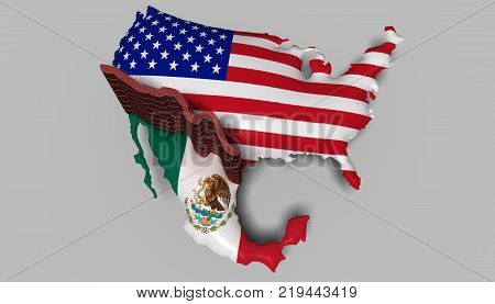 3D Illustration. Border wall between Mexico and USA