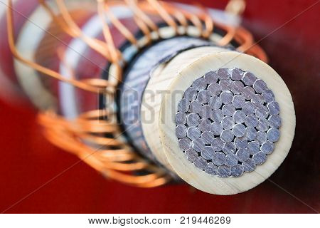 Detail of cross section of electrical aluminum cable for power supply of tram public transport