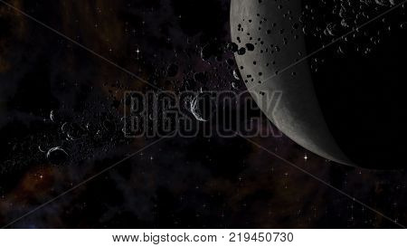 Rocks and ice particles orbiting around dead planet. Outer Space Cosmic Art and Science Fiction Concept