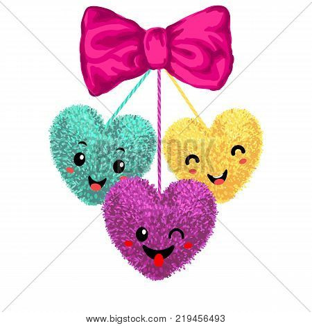 Vector colorful illustration of decortive elements with pom-poms in the shape of a heart hanging on the ropes with bow isolated on white background. Decor for Valentines day design.