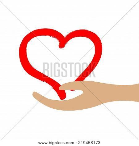 Red heart in hand sign. Mark of decoration love holiday. Beautiful color icon isolated on white background. Lovely save symbol. Concept of safety. Logo for romantic celebration or health. Stock vector