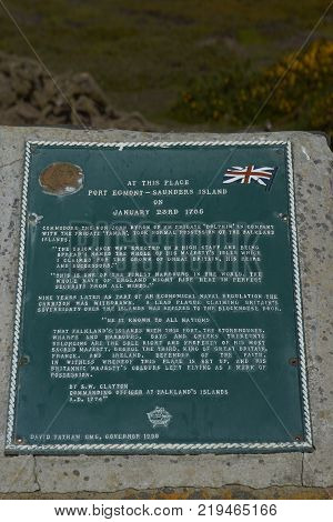 Port Egmont, Saunders Island, Falkland Islands - October 13, 2017: Plaque marking the possession of the Falkland Islands by the United Kingdom in 1765