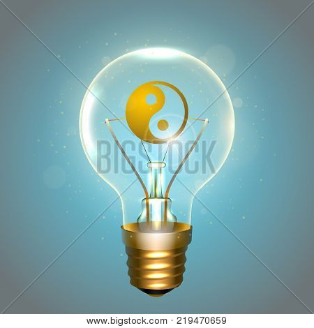 Realistic lamp with the yinyang - Chinese symbol of harmony instead of the filament of incandescence, isolated on a blue background, vector illustration