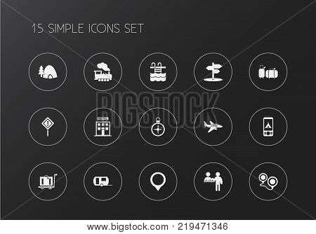 Set of 15 editable travel icons. Includes symbols such as luggage, reception desk, swimming pool and more. Can be used for web, mobile, UI and infographic design.