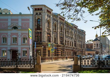 Moscow, Russia - August 31. 2017. home of a Patriarchal Metropolitan of Constantinople and Temple of St. Sergius of Radonezh