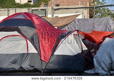 Tents of the homeless on the streets of Los Angeles