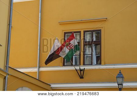 Szechenyi Square And City Flag In Pecs, Hungary