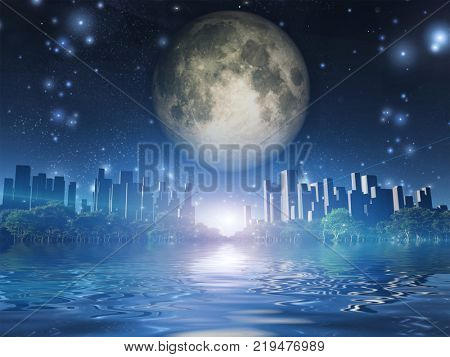 Surreal digital art. City surrounded by green trees in water world. Giant moon in the sky. 3D rendering