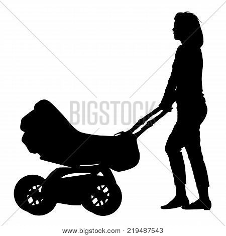 Silhouettes  walkings mothers with baby strollers. Vector illustration.
