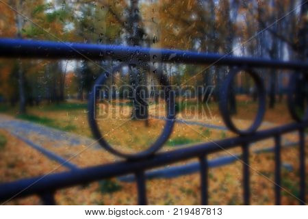 Autumn street on a rainy day view through wet glass