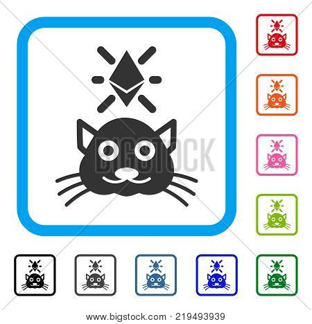 Crypto Kitty icon. Flat grey iconic symbol in a blue rounded squared frame. Black, gray, green, blue, red, orange color variants of Crypto Kitty vector. Designed for web and application interfaces.