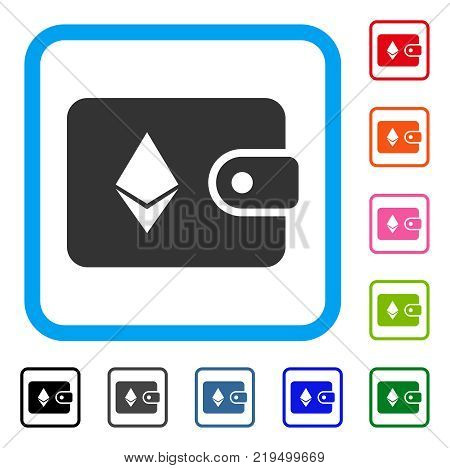 Ethereum Billfold icon. Flat grey iconic symbol in a blue rounded rectangle. Black, gray, green, blue, red, orange color additional versions of Ethereum Billfold vector.