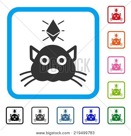 Ethereum Crypto Kitty icon. Flat grey pictogram symbol in a blue rounded frame. Black, gray, green, blue, red, orange color additional versions of Ethereum Crypto Kitty vector.