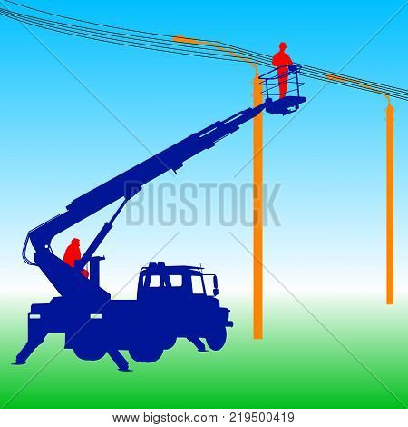 Electrician, making repairs at a power pole. Vector illustration.