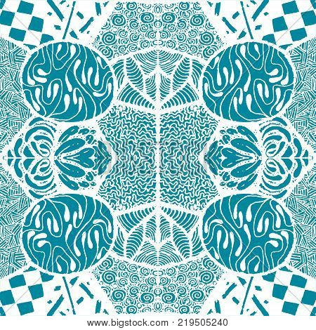 Seamless aqua tile with lacy patterns. Hand drawing in the style of sentangle. Suitable for sheathing or wrapping