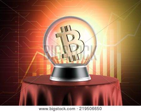 Sphere of predictions with bitcoin symbol inside and chart on background. 3d rendering