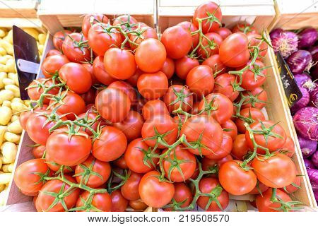 Fresh Red Cherries For Sale In Local Marketplace Texture