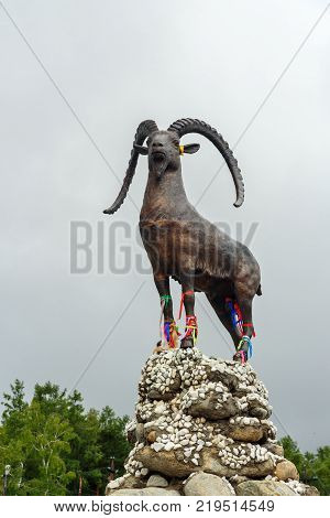 Statue Tahe, Mountain Goat Is The Symbol Of Arshan. Russia