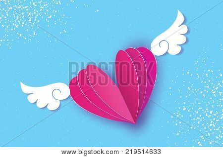 Happy Valentine's Day Greetings card. Origami angel wings and romantic pink heart. Love. Winged heart in paper cut style. Blue sky background. Vector